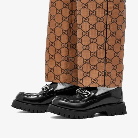 Gucci Interlocking G Chain 10/ US 10.5 Loafers Black Leather Lug Sole Shoes NIB - Picture 3 of 16